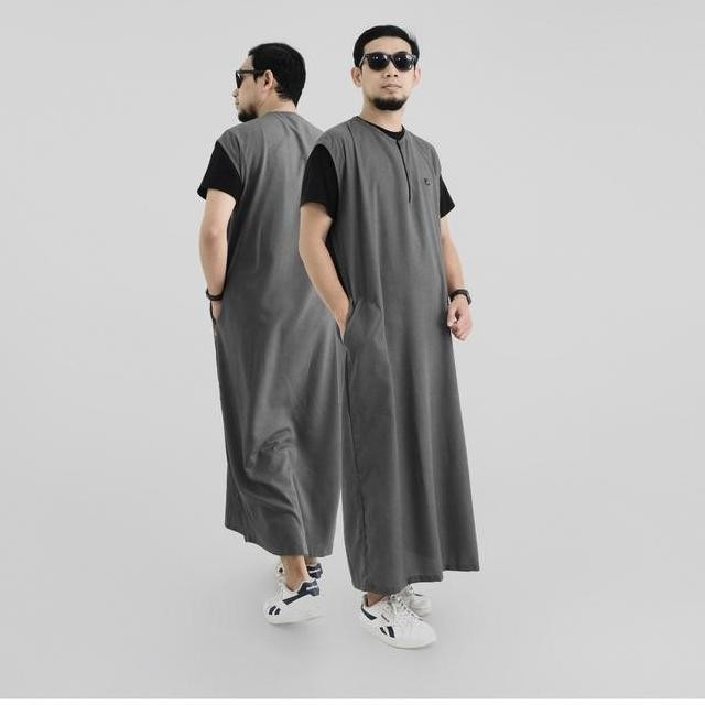 Rojulat Classic Rosal Abuabu Rompi Sholat Pria Panjang Seperti Baju Gamis Kerah Oblong Bahan Katun