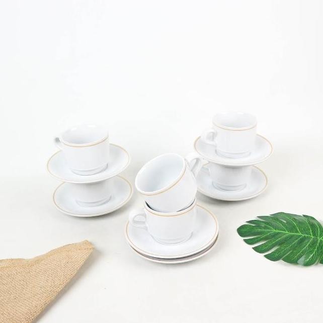 Cangkir Keramik Garis Emas 6 Pcs Set Dengan Tatakan 3 Pilihan Warna Elegan Putih Hitam Food Grade Be