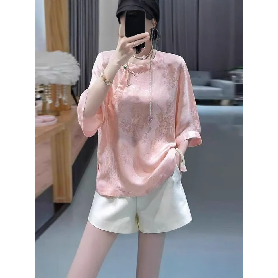 Blus Jacquard Gaya Cina Baru untuk Wanita, Baju Tang Retro Kerah Diagonal Leher Bulat