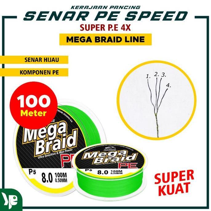 Pesca - Kp - Senar Pancing Pe Mega Braid X4 Panjang 100M Warna Hijau Ikan Joran Umpan Laut