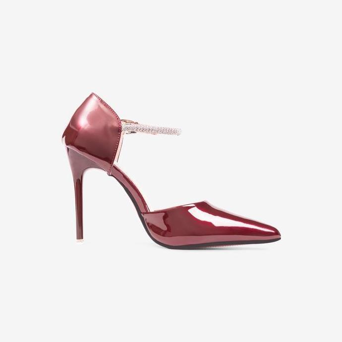 New - Lawrensia Venicia - High Heels Wanita Ankle Strap Glossy Black, & Maroon - 693-13