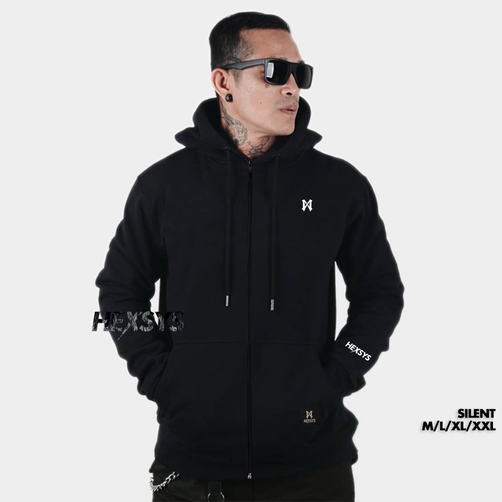 Bossque X Hexsys- Silent Hoodie Pria Distro Zipper Bordir Sweater Hoodie Pria Roundhand