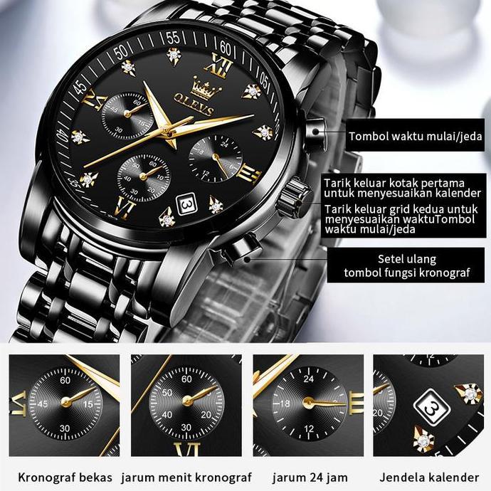 Watch- Olevs Jam Tangan Pria Anti Air Tahan Led Sport Analog Chronograph Stainless Steel Tches Men W