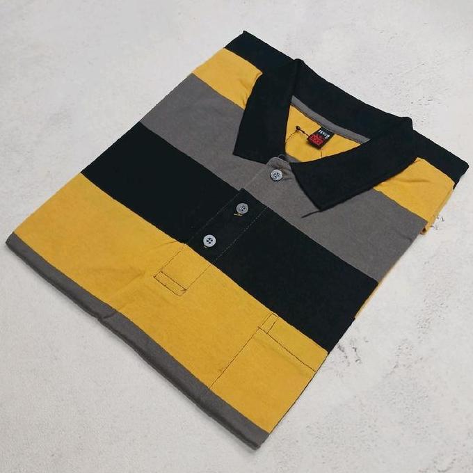 Gntg- Baju Kaos Kerah Salur Pria Desa Motif Afada Kerah Ngki Katun Salur Bapak Kantong Depan Lengan 
