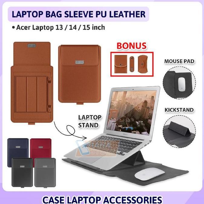 // Sleeve Bag With Stand Untuk Laptop 13 14 15 Inch Premium Tas Leather Sleeve Stand Sarung Case //