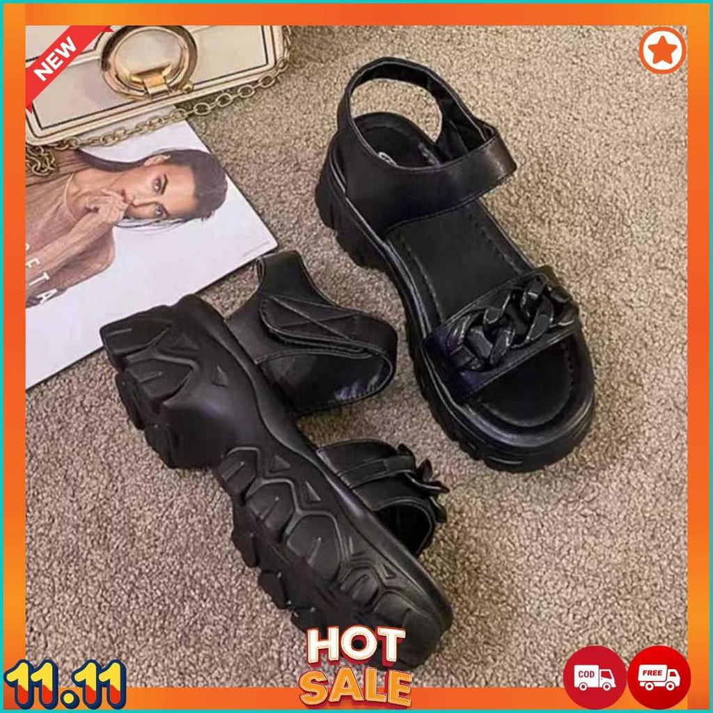 Sandal Wedges Wanita Korea Sol Tinggi Sintetis Hitam/Putih