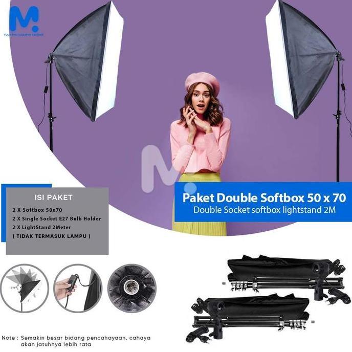 Paket Double Softbox Midio A1 + 2 Light Stand 2M + 2 Socket E27 + Tas Waterproof Pilih Ukuran Softbo