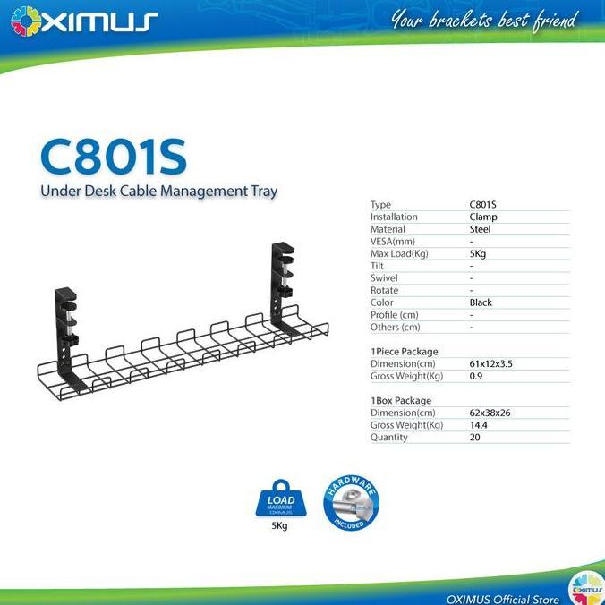 OXIMUS C801 COMPACT CLAMP-ON UNDER-DESK CABLE MANAGEMENT TRAY RAK KABEL MEJA JEPIT TANPA BOR, PEMASA