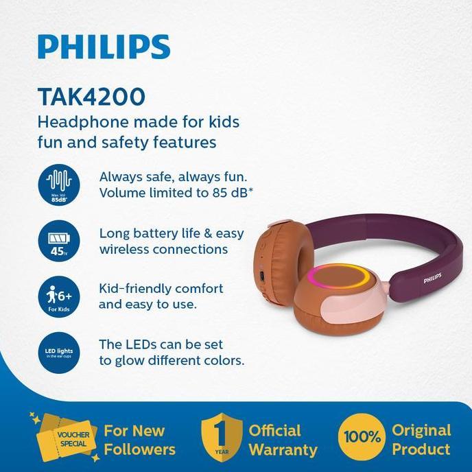Promo Philips TAK4200 On-ear Wireless Headphone For Kids Diskon