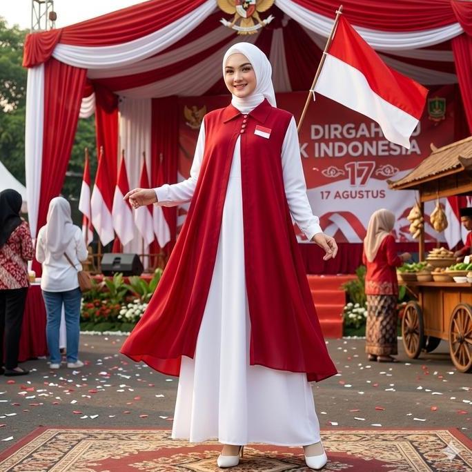READY TERBARU OUTER CERUTY  WANITA MUSLIM KARDIGAN PANJANG MERAH CABE 17 AGUSTUSAN