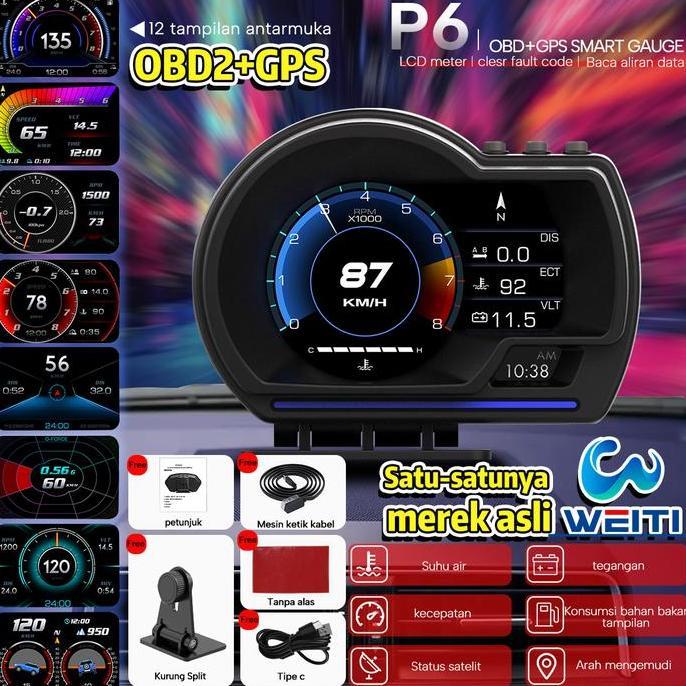 P6Pro+ Obd2 Gps Hud Dual System Car Head Up Display Digital Speedometer Dengan Uji Rem Akselerasi Ha