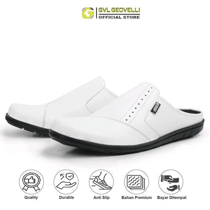 Shoesmen- Gvl Geovelli - Sepatu Selop Pria Putih Kulit Sandal Bustong Laki Laki Sendal Bustong Casua