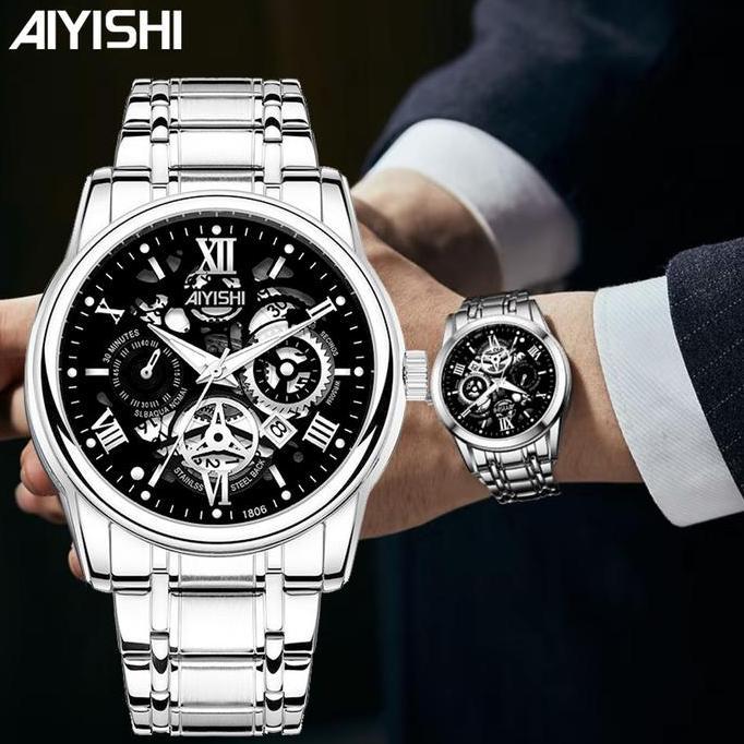 opalveroz - Aiyishi Jam Tangan Pria Dial BeronggaKuarsa Anti Air Tali Stainless Steel Jam TanganCowo