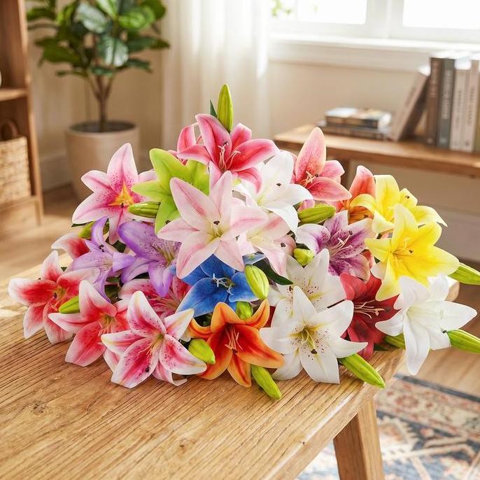 Bunga Lili Palsu 35cm 1 Batang 2 Bunga 1 Kuncup Diameter 14cm Bahan Plastik Batang Besi Dekorasi Rum