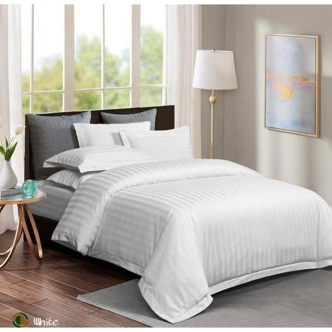 Sprei Hotel Full Katun DOBBY Motif Salur Putih TC 300 (Sprei Only)