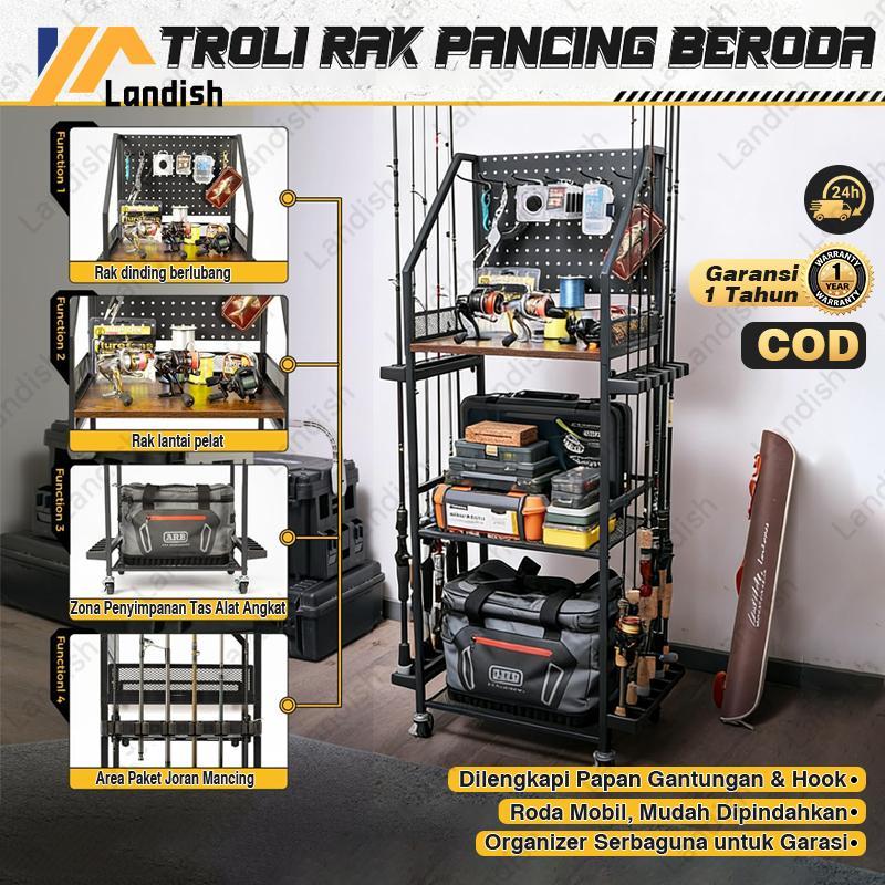 Troli Rak Joran Pancing 10 Slot Beroda Multifungsi Rak Simpan Alat Pancing Garasi Dilengkapi Papan H
