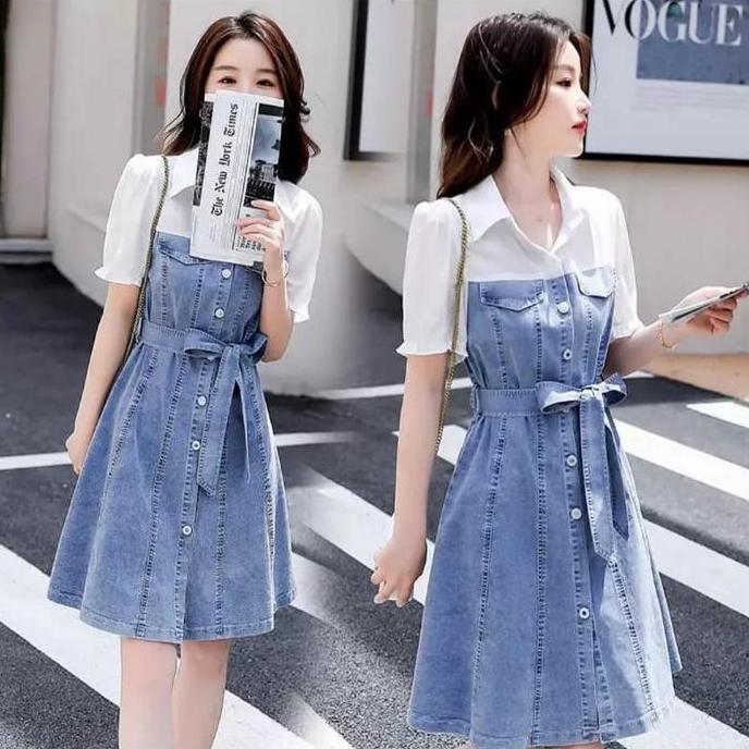 DF143 - Dress Model Korea/hijab muslim Setelan Denim Setelan Kekinian Fashion Wanita Hits