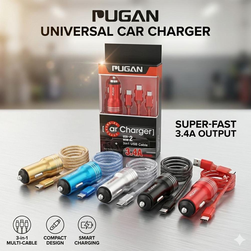 Pugan CAR CHARGER CASAN HP MOBIL 3-1 USB KABEL FASH CHARGING 3.4A