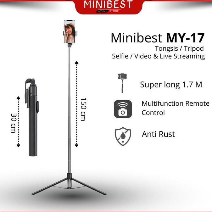 Acc- Mini My17 Tongsis Tripod Bluetooth Selfie Stick RemoteTripod360 Super Long Panjang
