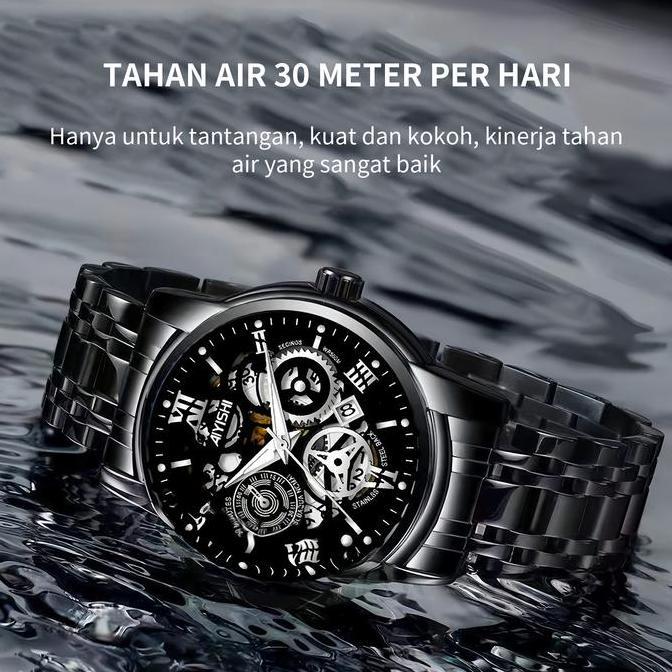 Waer- Aiyishi Jam Tangan Pria Dial Beronggakuarsa Anti Air Tali Stainless Steel Jam Tangancowok Tche
