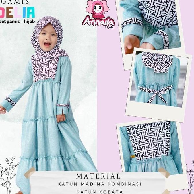 [MUSLIM] Set gamis anak Delia gamis kombinasi katun madina annaila hijab Baju Lembut