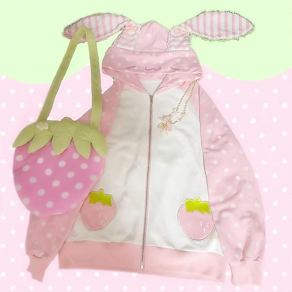 Dot Lace Patchwork Cute Coat Harajuku Chic Sweet Lovely Sweatshirts Japanese Kawaii Rabbit Ears