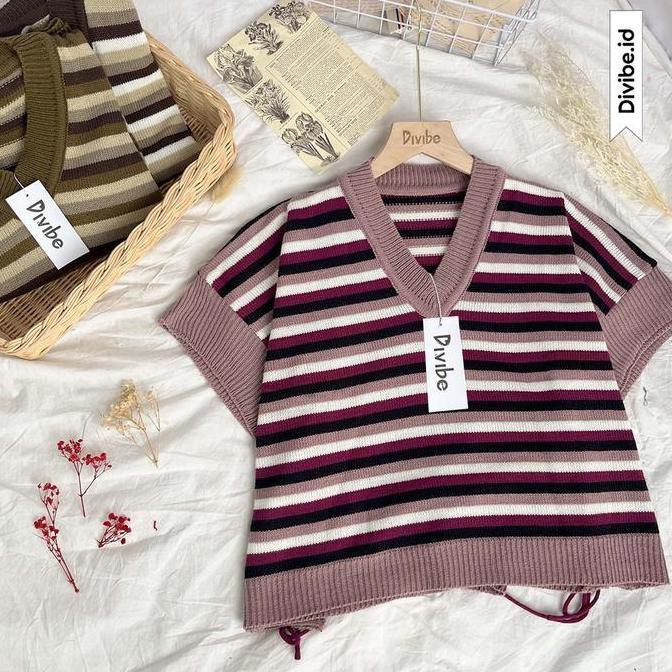 DV131 - Aven Vest Knit - Rajut Atasan Wanita - Motif Batwing Garis