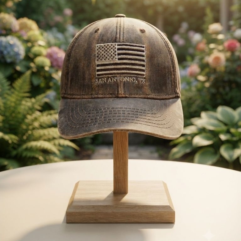 Topi Jacobson Hat San Antonio TX Distressed American Flag Brown Second Original