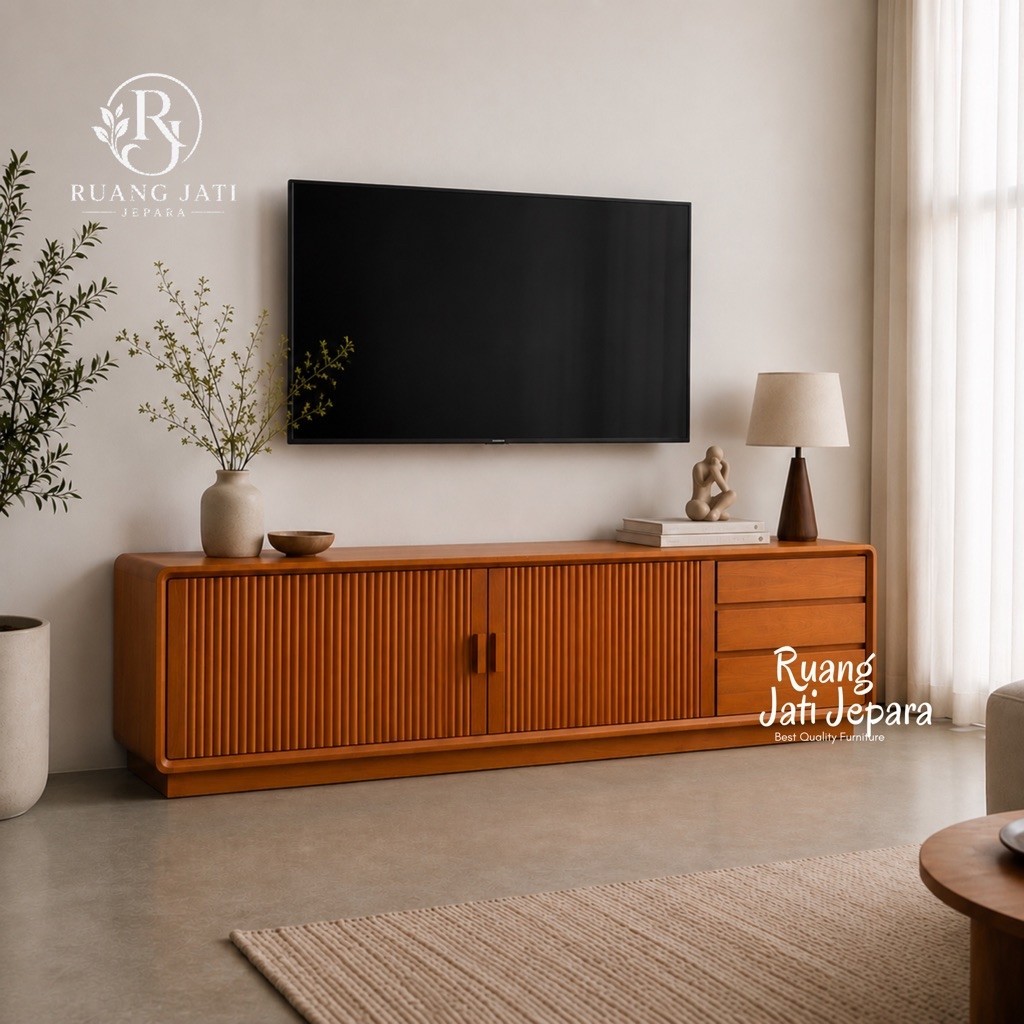 Meja TV Minimalis Jati Jepara | Bufet TV Kayu Modern Ruang Tamu | Cabinet TV Scandinavian Premium | 