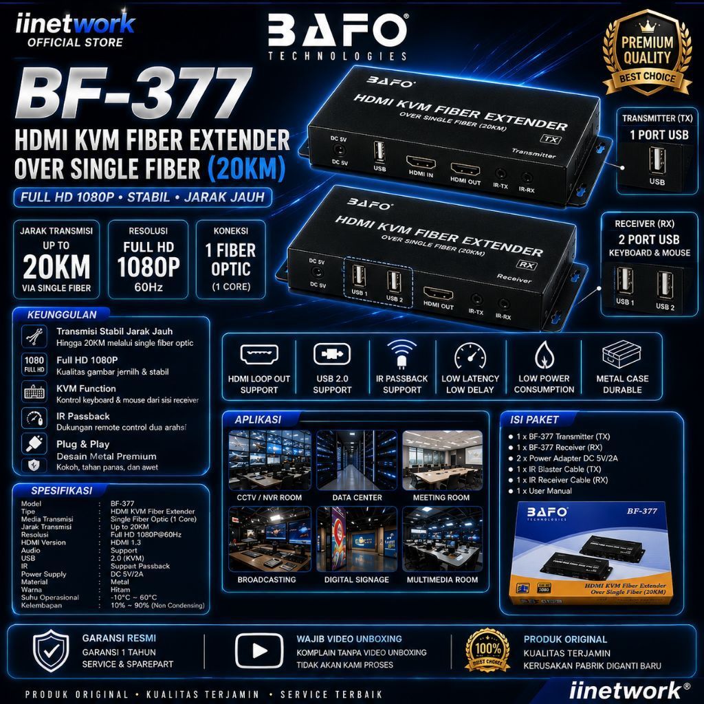 BAFO BF-377 HDMI KVM Fiber Extender Over Single Fiber 20KM Full HD 1080P USB KVM IR Support TX RX