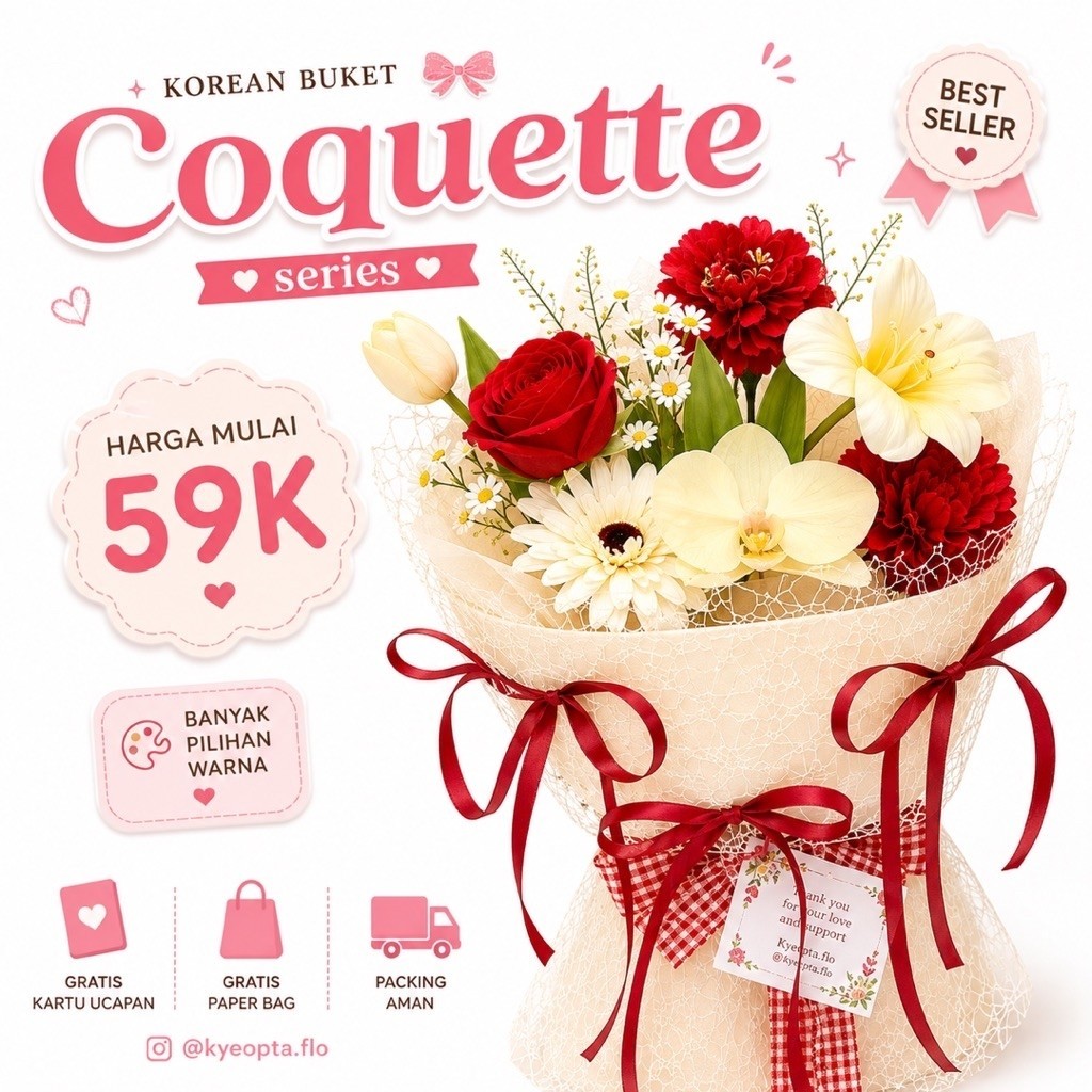 Buket Bunga Korea Coquette | Buket Bunga Artificial Korea | Buket Wisuda Aesthetic | Hadiah Ulang Ta