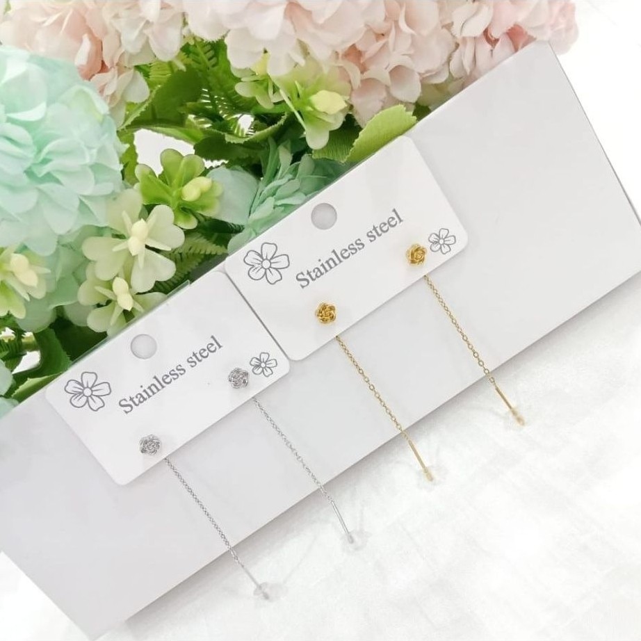 Anting juntai titanium motif bunga mawar cantik elegan wanita earrings