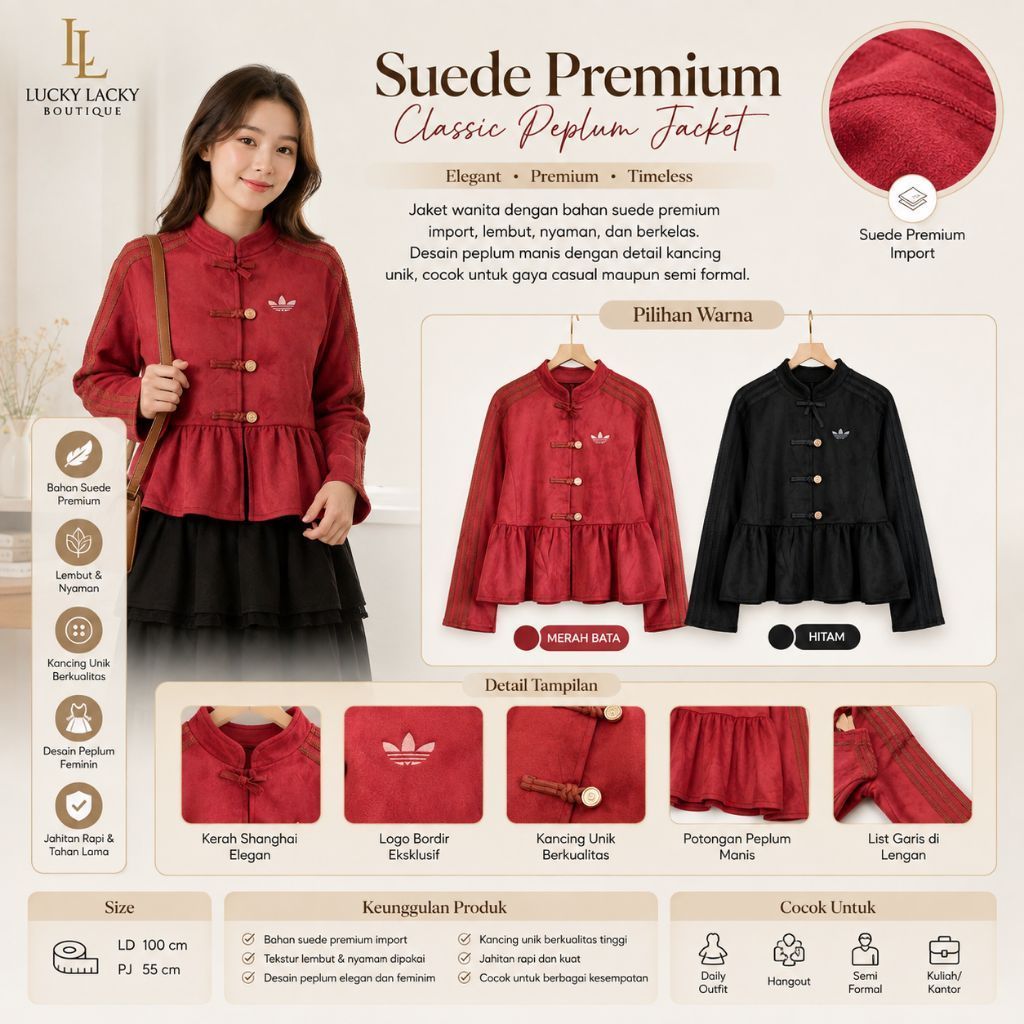 Jaket Wanita Suede Premium Import Peplum Lengan Panjang Elegan Korean Style Outer Casual Semi Formal