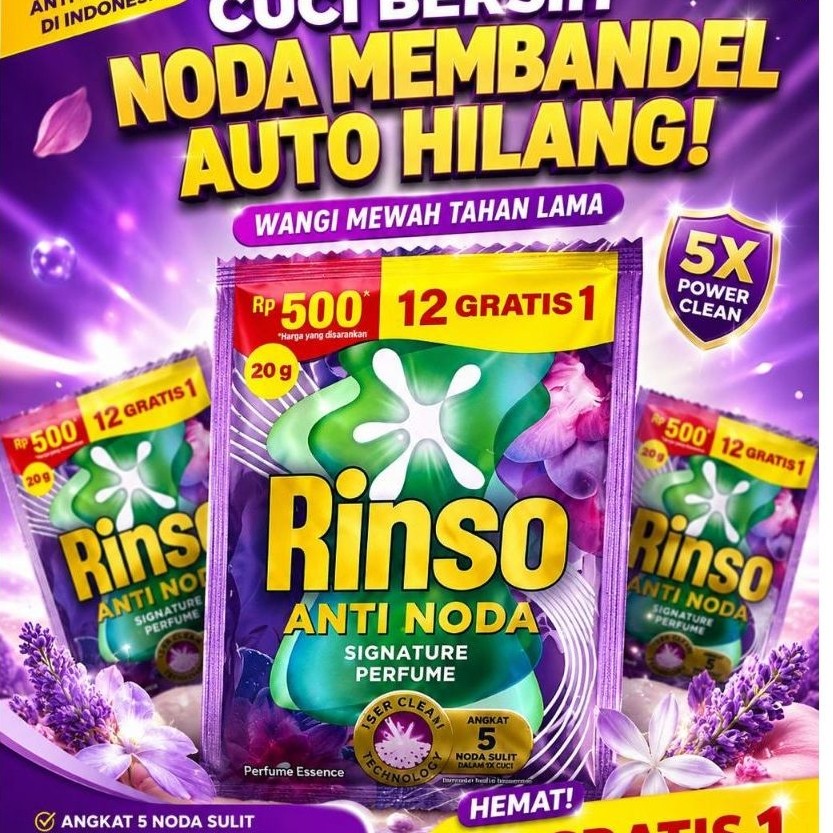 Rinso Cair Detergent 500an - 96 Sachet, Aroma Parfume essence (UNGU) Tahan Lama