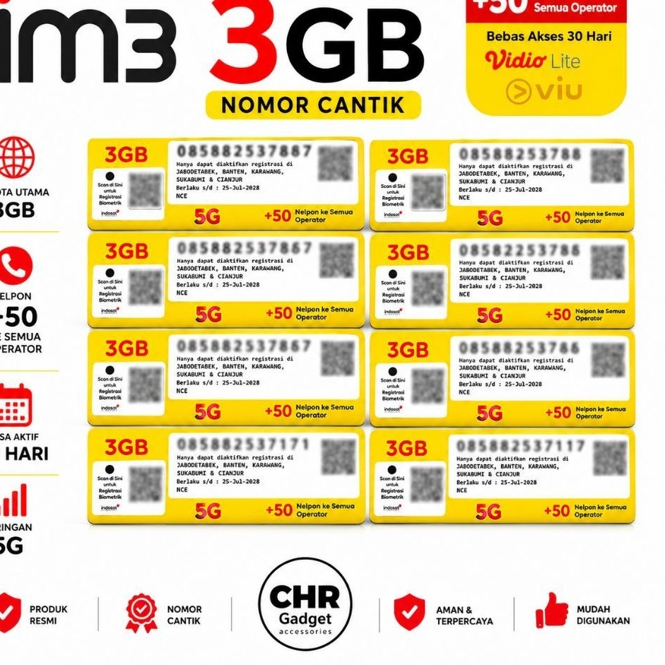 IM3 3GB Nomor Cantik l Kartu Perdana Internet 5G+50 Menit Semua Operator