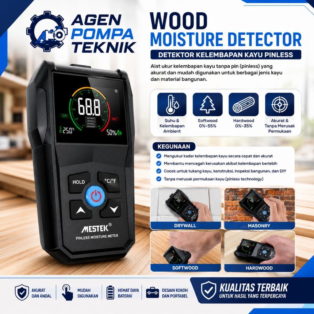 Pinless Moisture Meter Mestek WM700A Wood Concrete MC Tester Tembok