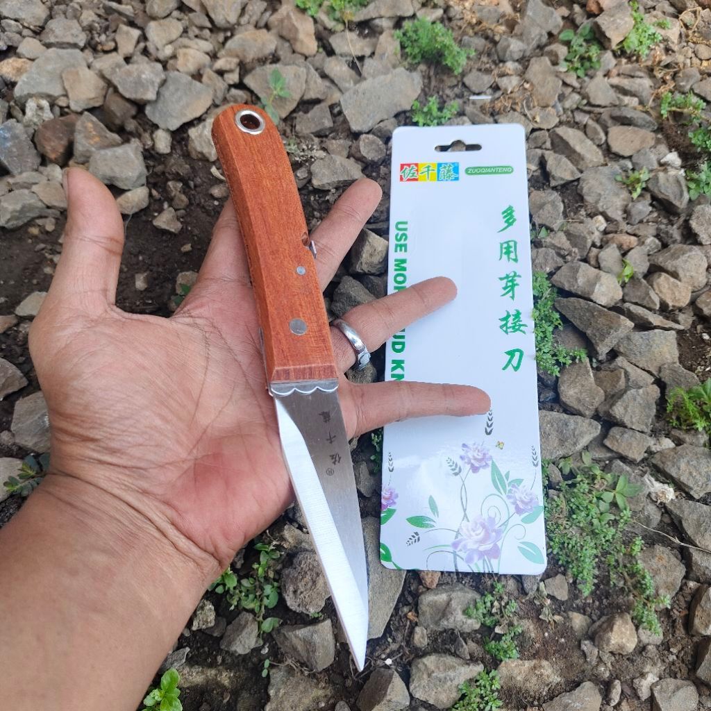 Pisau Lipat Stenlis, untuk Grafting, Cangkok Okulasi Sambung Dan Outdoor, Gagang Kayu