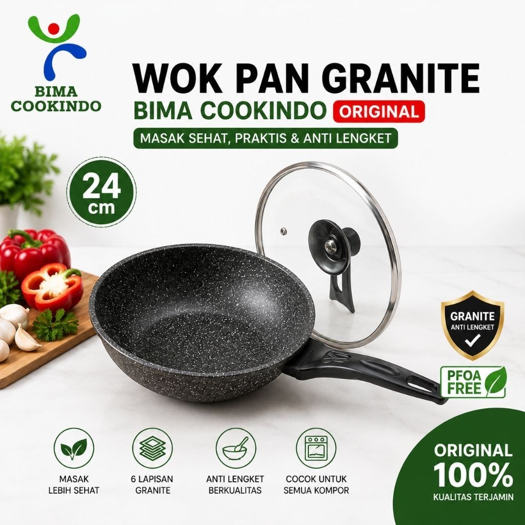 Wajan Granite 24 cm Anti Lengket Original BIMA COOKINDO Lengkap Tutup Kaca | Wok Pan Non Stick Premi
