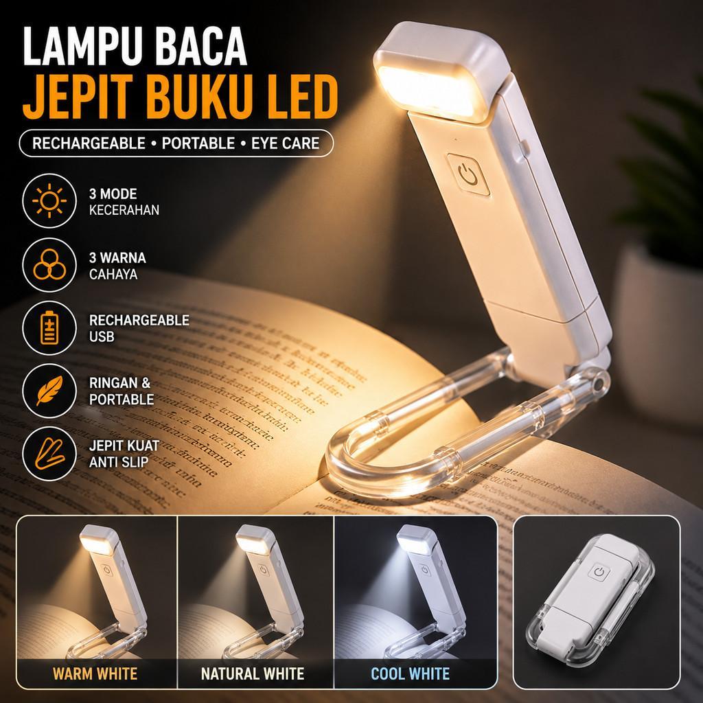 Lampu Baca Jepit Buku LED Rechargeable Clip Reading Light Portable USB Mini Book Lamp 3 Mode Brightn
