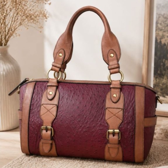 [PAPARILLO]Tas Boston Wanita Kulit Sapi Motif Ostrich/Tas Kulit Garut