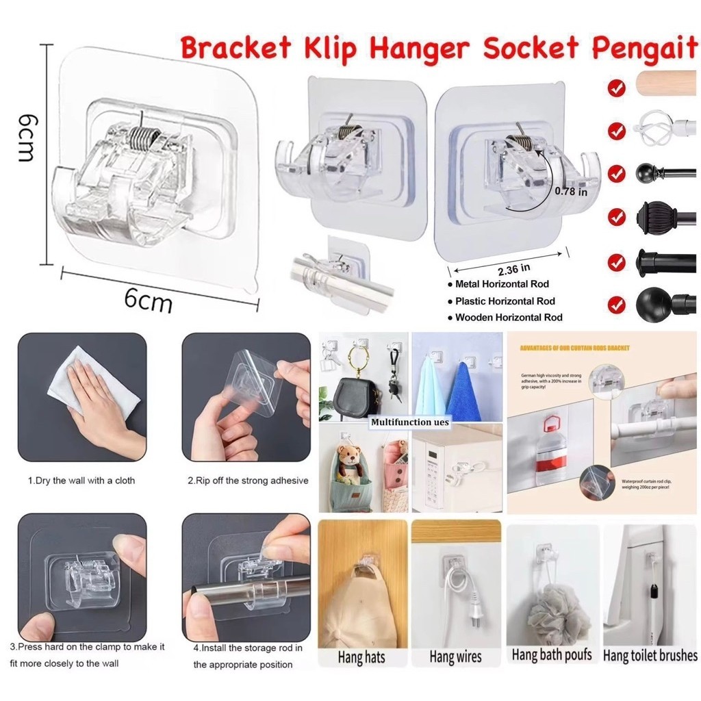 Bracket Klip Hanger Socket Bracket Pengait Tiang Flexible Tanpa Bor Tempel Dinding Multifungsi