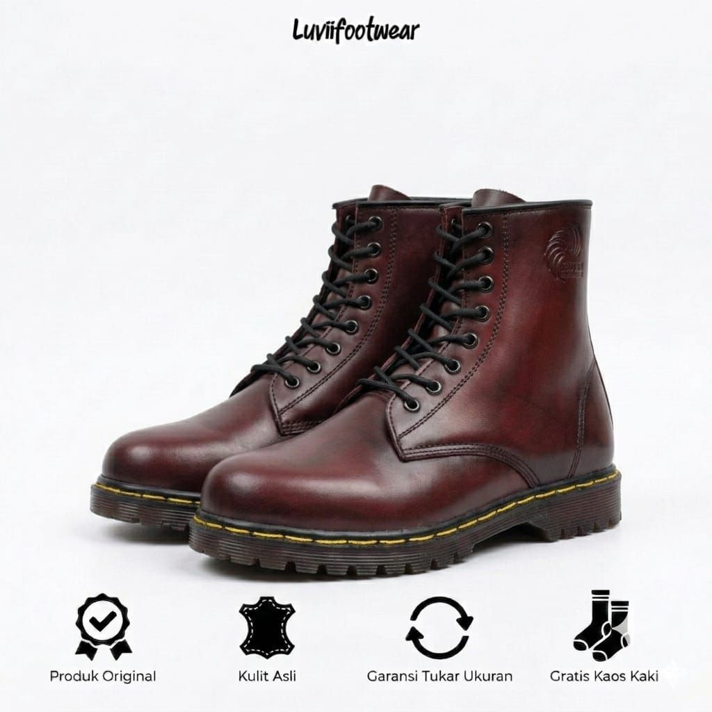 BARRA Series - Sepatu Boots Docmart Pria 8 Hole Kulit Asli Original Hitam