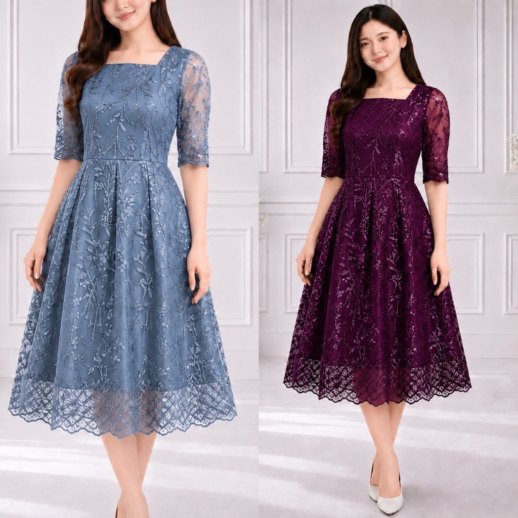 Dress Tile Bordir Payet Mote Brokat Terbaru Pesta Kondangan Wanita Natal Elegan - Erin Gaun Wanita C