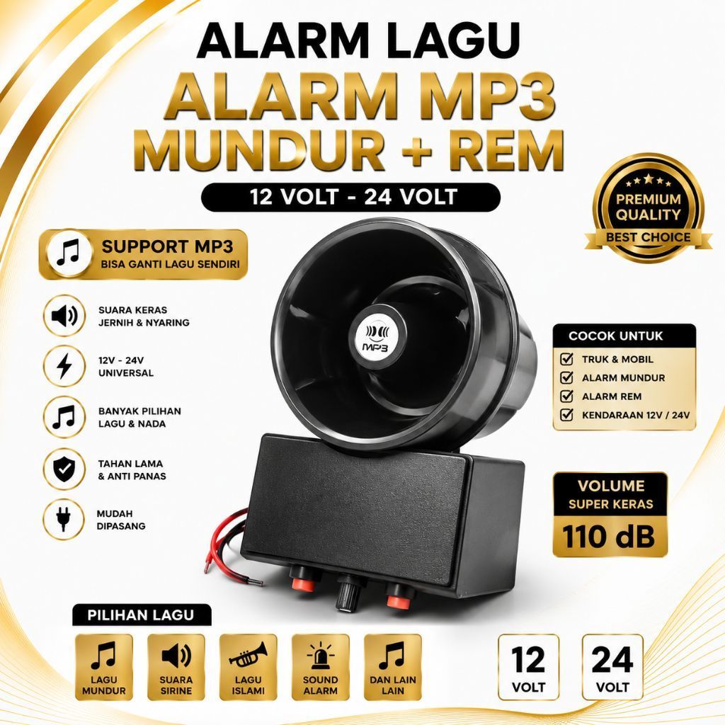 Alarm lagu alarm mp3 mundur + rem 12 volt 24 volt
