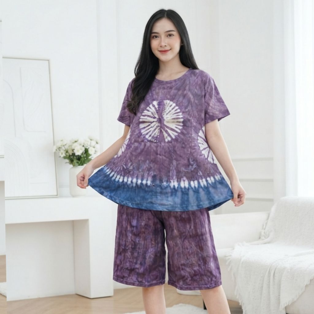 Oneset Wanita Kaos Lengan Pendek Panjang Celana Selutut Motif Tiedye Kombinasi Warna-Warni Setelan W