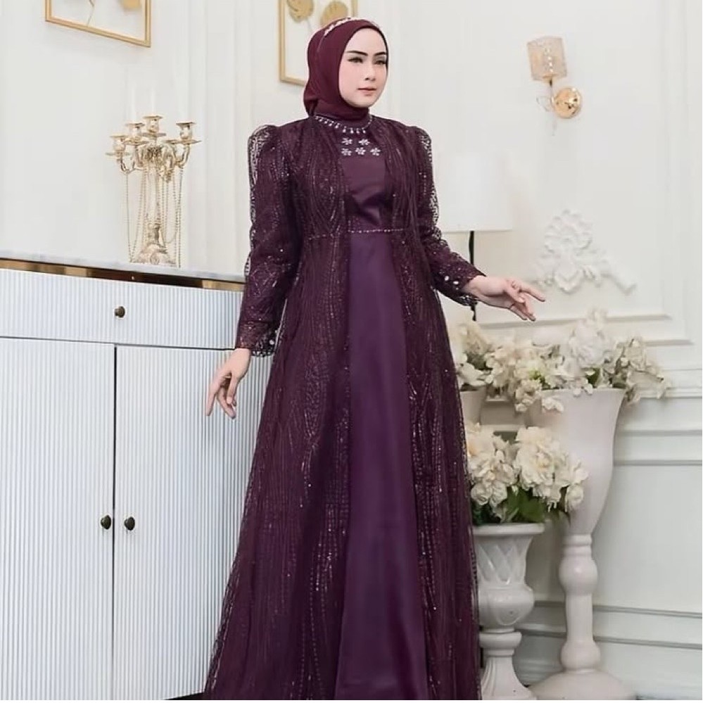 Baju Gamis Brukat Bianca Dress Bahan Velvet Mix Brukat Spangle Aplikasi Payet Mutiara Brukat Terpisa