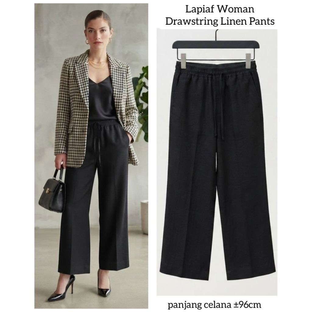 Celana panjang Wanita linen hitam Lapiaf Drawstring Linen Pants pinggang karet Cullote pants