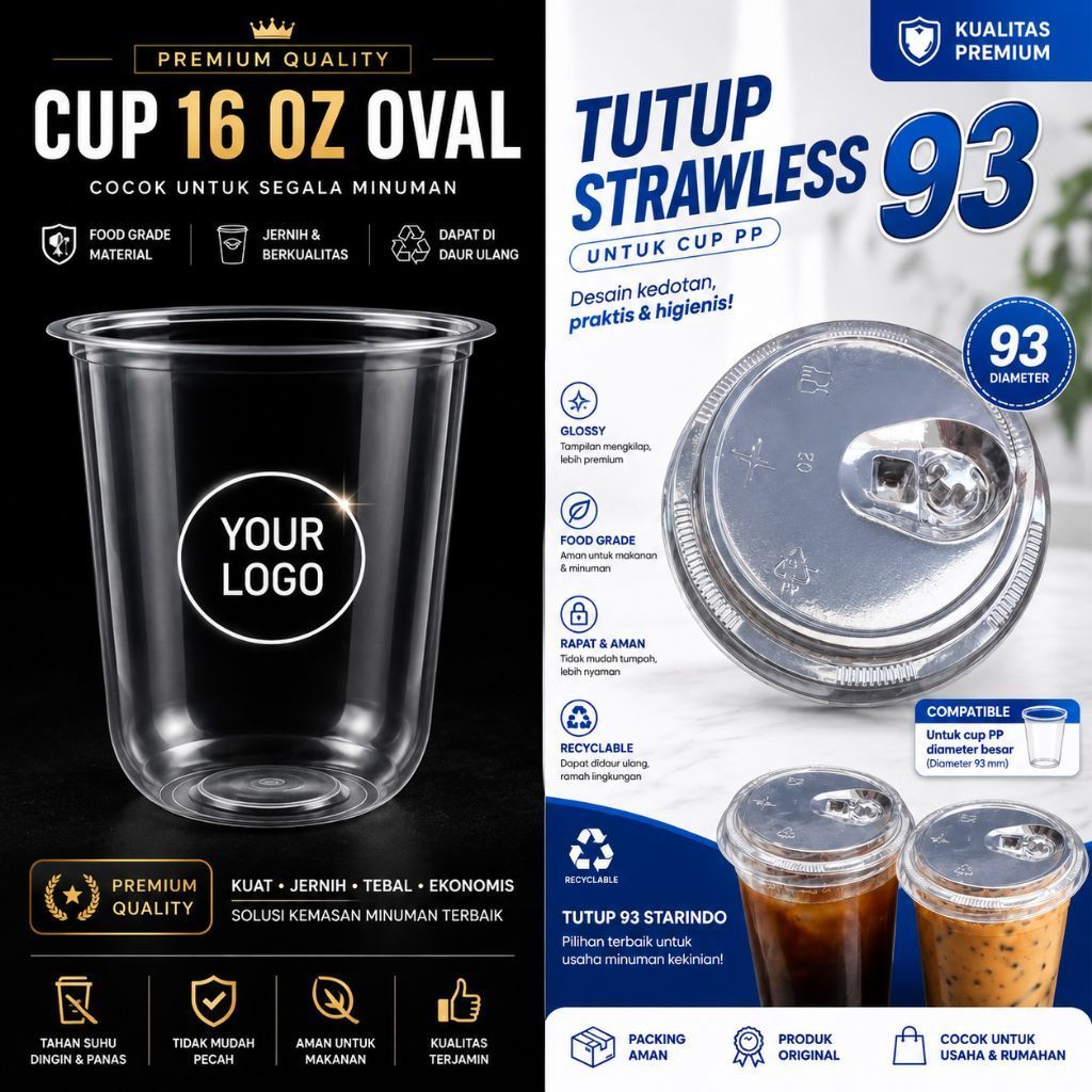 Sablon gelas cup 16 oz oval + Tutup starindo