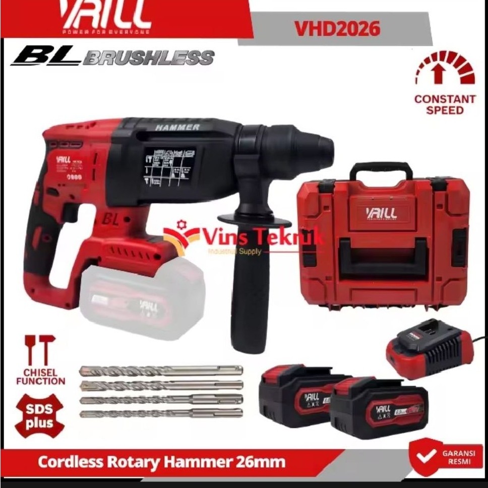 Vrill VHD2026 Cordless Rotary Hammer 26mm BL Brushless dengan Chisel Function SDS Plus