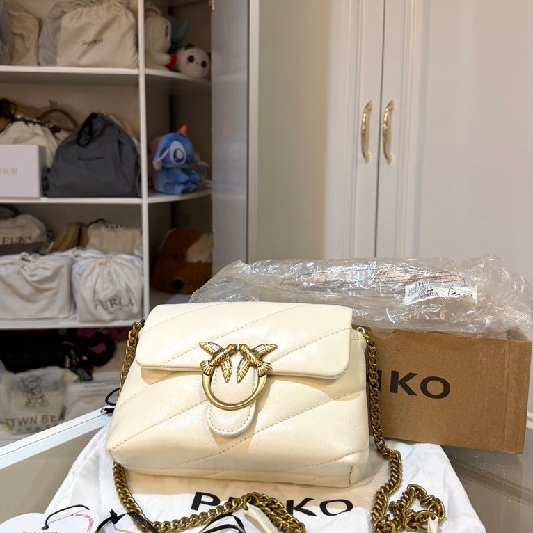 PRELOVED Pinko Authentic Original Love Baby Puff Maxy Quilt Bag Puffer White Sling Bag Gold Chain Ta